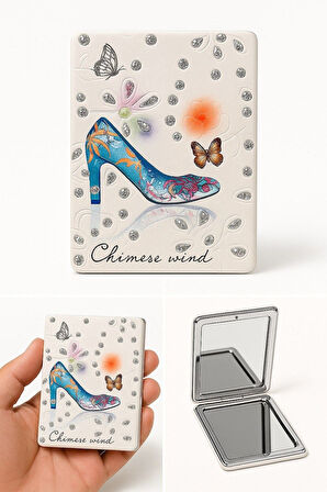 Tarzınıza Işıltı Katın Taşlı Kelebek Ayakkabı Motifli Moda Zarafet Şık Tasarımlı Cep Makyaj Aynası