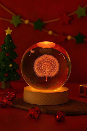 Ledli USB'li Ahşap Standlı Karahindiba Temalı Kristal Küre Gün Işığı 3D Oda Masa ve Gece Lambası