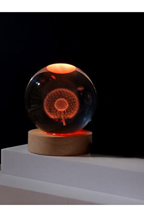 Ledli USB'li Ahşap Standlı Karahindiba Temalı Kristal Küre Renkli RGB LED 3D Oda Masa Gece Lambası