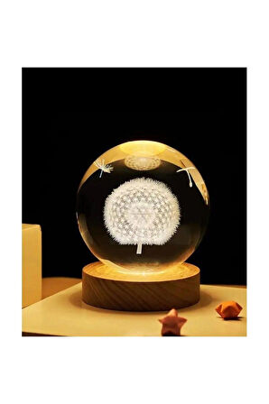 Ledli USB'li Ahşap Standlı Karahindiba Temalı Kristal Küre Renkli RGB LED 3D Oda Masa Gece Lambası