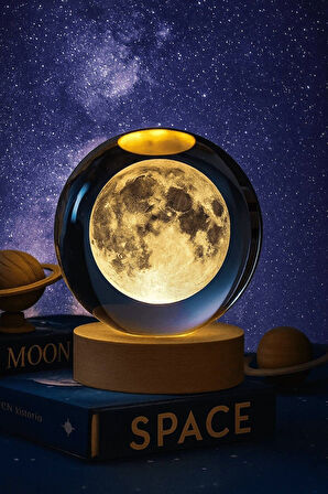 Ledli USB'li Ahşap Standlı Dolunay Küre Temalı Kristal Ay Küre Renkli RGB 3D Oda Masa Gece Lambası