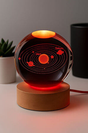 Ledli USB'li Ahşap Standlı Güneş Sistemi Küre Temalı Kristal Renkli RGB 3D Oda Masa ve Gece Lambası