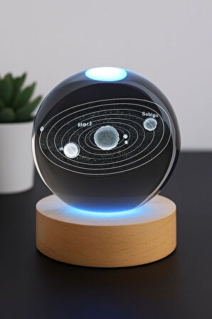 Ledli USB'li Ahşap Standlı Güneş Sistemi Küre Temalı Kristal Renkli RGB 3D Oda Masa ve Gece Lambası