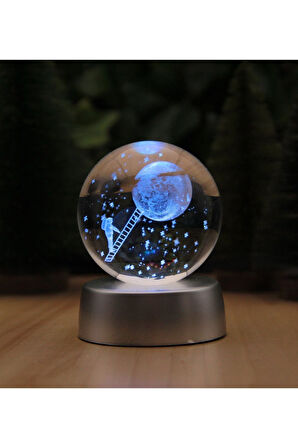 Ledli USB'li Plastik Standlı Merdivenle Aya Çıkan Astronot Temalı Küre Renkli RGB 3D Oda Gece Lamba