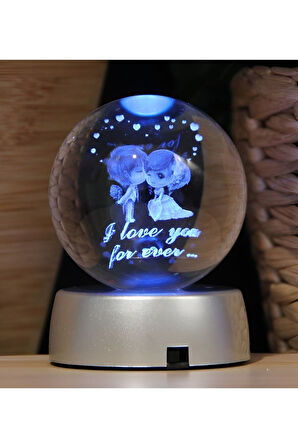 Ledli USB'li Plastik Standlı Sevgili Çiftler I Love You Forever Kristal Küre Renkli RGB Led 3D Lamba