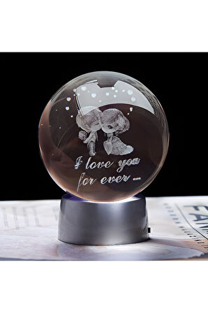 Ledli USB'li Plastik Standlı Sevgili Çiftler I Love You Forever Kristal Küre Renkli RGB Led 3D Lamba