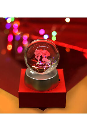 Ledli USB'li Plastik Standlı Sevgili Çiftler I Love You Forever Kristal Küre Renkli RGB Led 3D Lamba