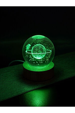 Ledli USB'li Ahşap Standlı Satürn Kız Temalı Kristal Küre Renkli RGB Led 3D Oda Masa ve Gece Lambası