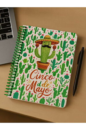 Spiralli Çizgili Cinco de Mayo Tasarımlı Öğrenci ve Ofis Kullanımı İçin Uygun Defter 80 Yaprak