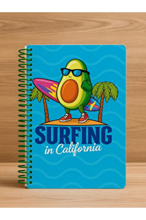 Öğrenci ve Ofis Kullanımı İçin Uygun Surfing in California Temalı Spiralli Çizgili Defter 80 Yaprak