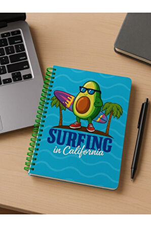 Öğrenci ve Ofis Kullanımı İçin Uygun Surfing in California Temalı Spiralli Çizgili Defter 80 Yaprak