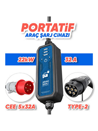 Huzur Elektrik 22kw 32A 5m Kablolu Portatif Taşınabilir EV Araç Şarj Cihazı