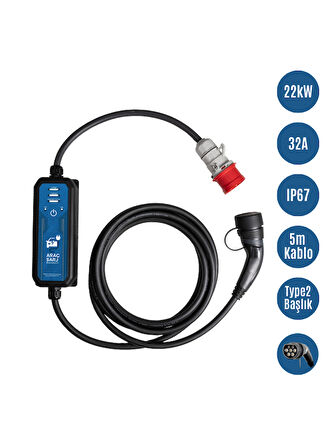 Huzur Elektrik 22kw 32A 5m Kablolu Portatif Taşınabilir EV Araç Şarj Cihazı