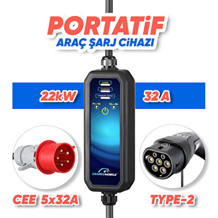Huzur Elektrik 22kw 32A 5m Kablolu Portatif Taşınabilir EV Araç Şarj Cihazı