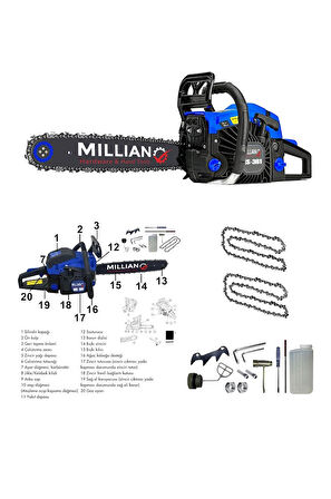 MLN-MS-361 Ağaç Motoru 52 cc - 3.2 HP Benzinli Testere Ağaç Odun Dal Kesme Makinası Zincirli Hızar