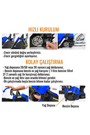 MLN-MS-361 Ağaç Motoru 52 cc - 3.2 HP Benzinli Testere Ağaç Odun Dal Kesme Makinası Zincirli Hızar