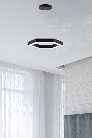 Hexagon ( Siyah Kasa, 4000k Işık Rengi ) Modern Led Avize, Salon, Mutfak, Oturma Yatak Odası Sarkıt