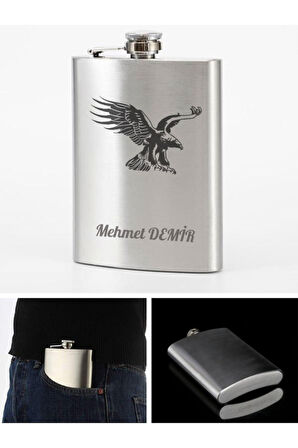 Vip Hediye İsime Kişiye Özel 9 Oz Çelik Cep Matarası Kartal Temalı 266 Ml İçecek Matarası