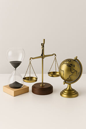 Ofisinize Masaüstü Dekoratif 3’lü Ofis Masa Seti Metal Dünya Küresi Manyetik Kum Saati Pirinç Terazi