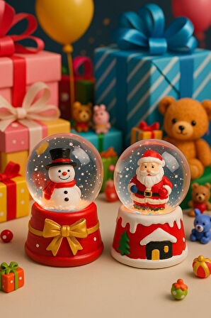 Yeni Yılın En Güzel Hediyesi Yılbaşı 2 Adet Led Işıklı 6,5 cm Noel Baba Kardan Adam Kar Küresi Seti 