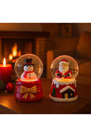 Yeni Yılın En Güzel Hediyesi Yılbaşı 2 Adet Led Işıklı 6,5 cm Noel Baba Kardan Adam Kar Küresi Seti 