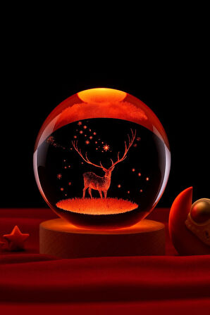 Ledli USB'li Ahşap Standlı Geyik Temalı Kristal Küre Renkli RGB LED 3D Oda Masa ve Gece Lambası