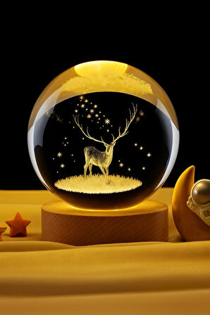 Ledli USB'li Ahşap Standlı Geyik Temalı Kristal Küre Renkli RGB LED 3D Oda Masa ve Gece Lambası