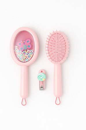 1 Adet Unicorn Figürlü Renkli Boncuklu Çocuk Saç Tarağı Fırçası ve 1 Adet Tırnak Makası Seti Pratik