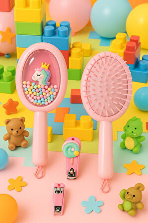 1 Adet Unicorn Figürlü Renkli Boncuklu Çocuk Saç Tarağı Fırçası ve 1 Adet Tırnak Makası Seti Pratik