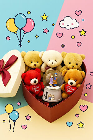 Seni Seviyorum Hediye Kutusu Sevgiliye Özel Romantik Kalpli Kutuda Ayıcık ve Kar Küresi Hediye Seti