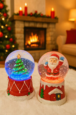 Yeni Yılın En Güzel Hediyesi Yılbaşı 2 Adet Led Işıklı 6,5 cm Noel Baba Yılbaşı Çam Ağacı Kar Küresi