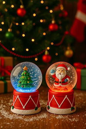 Yeni Yılın En Güzel Hediyesi Yılbaşı 2 Adet Led Işıklı 6,5 cm Noel Baba Yılbaşı Çam Ağacı Kar Küresi