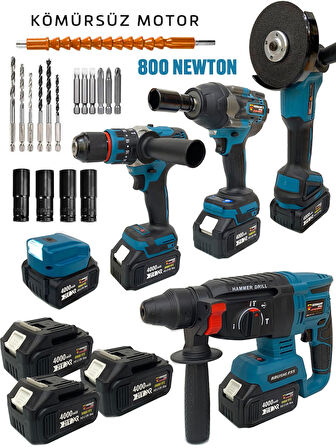 Germany Style Pro 8016 Kömürsüz 5'li Set Akülü Vidalama-Taşlama-Kırıcı Hilti-800 Newton Bijon Sökme 
