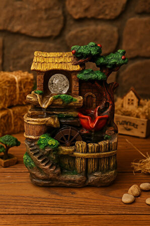 Rustik Köy Evi Temalı LED Işıklı Su Değirmeni Dekoratif Şelale- E