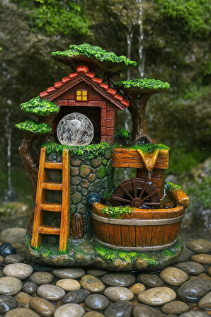 Dekoratif LED Işıklı Su Değirmeni & Şelale Biblo – Ev ve Ofis Masaüstü Şelale Su Motorlu - K