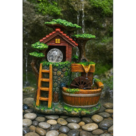 Köy Evi Değirmeni Huzur Veren Su Sesi Şelale Fıskiye LED Işıklı Masaüstü Dekoratif Ev Ofis Biblo K