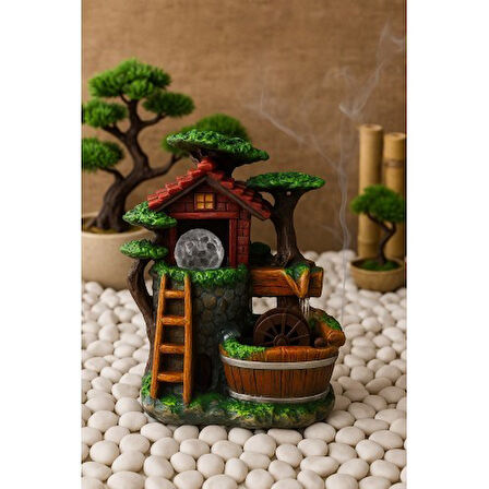 Köy Evi Değirmeni Huzur Veren Su Sesi Şelale Fıskiye LED Işıklı Masaüstü Dekoratif Ev Ofis Biblo K