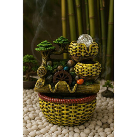 Değirmen Huzur Veren Su Sesi Şelale Hasır Sepet Yosun Efektli Süs Fıskiye LED Işıklı Ev Ofis Biblo M