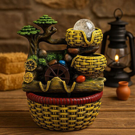 Değirmen Huzur Veren Su Sesi Şelale Hasır Sepet Yosun Efektli Süs Fıskiye LED Işıklı Ev Ofis Biblo M