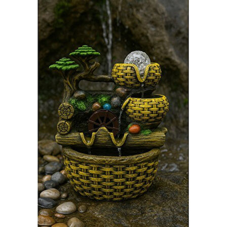 Değirmen Huzur Veren Su Sesi Şelale Hasır Sepet Yosun Efektli Süs Fıskiye LED Işıklı Ev Ofis Biblo M