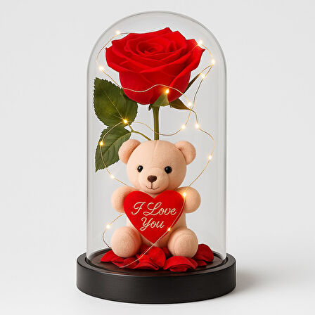 LED Işıklı Mika Fanus İçinde Gül ve Lüx Peluş Ayıcık – 20 cm Sevgiliye Hediye