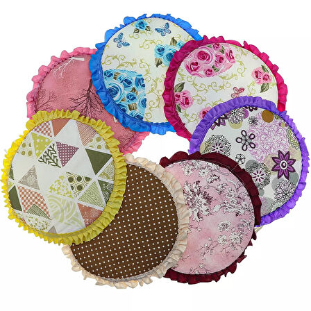 Desenli Fırfırlı Yuvarlak Tabure ve Sandaliye Minderi-Karışık Renk 30x30cm 2'Lİ