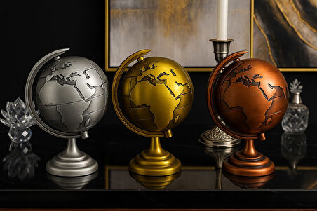 Ofisinize 3 Lü Metal Dünya Seti Masaüstü Dekorasyonu Dünya Küresi Ofis ve Ev Masaüstü Süs 13x9 cm