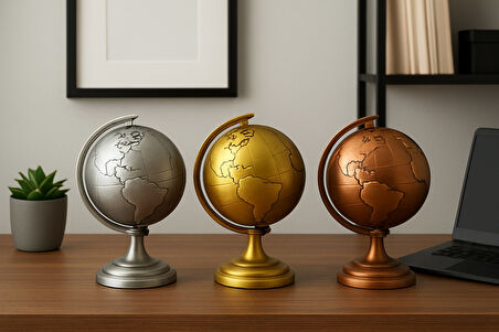 Ofisinize 3 Lü Metal Dünya Seti Masaüstü Dekorasyonu Dünya Küresi Ofis ve Ev Masaüstü Süs 13x9 cm