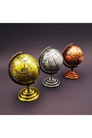 Ofisinize 3 Lü Metal Dünya Seti Masaüstü Dekorasyonu Dünya Küresi Ofis ve Ev Masaüstü Süs 13x9 cm