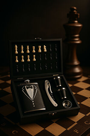 Ahşap Kutusunda Çelik Matara - Çakı - Satranç Takımı - Deri Kaplamalı Çelik Matara Hediye Seti 