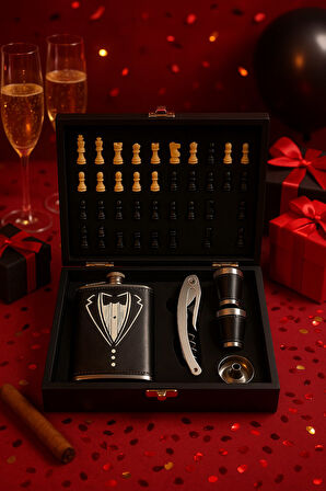 Ahşap Kutusunda Çelik Matara - Çakı - Satranç Takımı - Deri Kaplamalı Çelik Matara Hediye Seti 