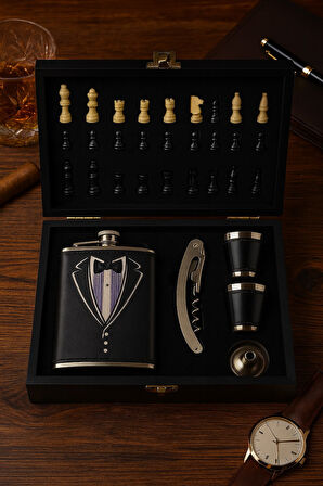 Ahşap Kutusunda Çelik Matara - Çakı - Satranç Takımı - Deri Kaplamalı Çelik Matara Hediye Seti 