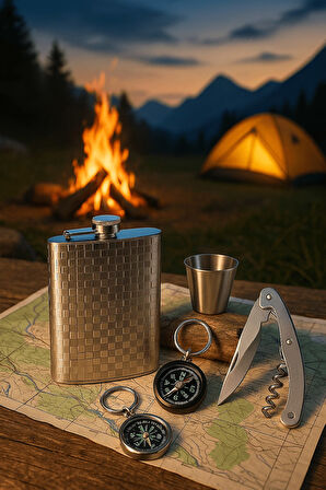 VIP Özel Çelik Hediye Seti – Çelik Matara, Anahtarlık, Mantar Açacağı Çakı, Huni ve Shot Bardak