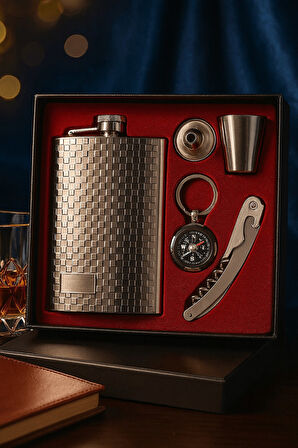 VIP Özel Çelik Hediye Seti – Çelik Matara, Anahtarlık, Mantar Açacağı Çakı, Huni ve Shot Bardak